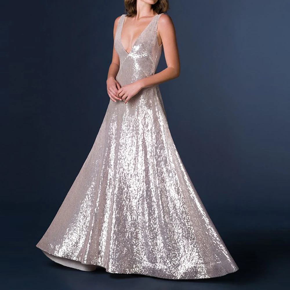 Vestido feminino elegante de noite com lantejoulas, sexy, decote em v profundo, cetim, slim fit, sem mangas, outono, festa, coquetel, rabo de peixe, vestidos de casamento