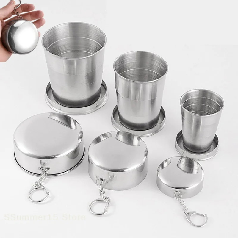 【R】Stainless Steel Folding Cup With Keychain Portable Retractable Telescopic Cups