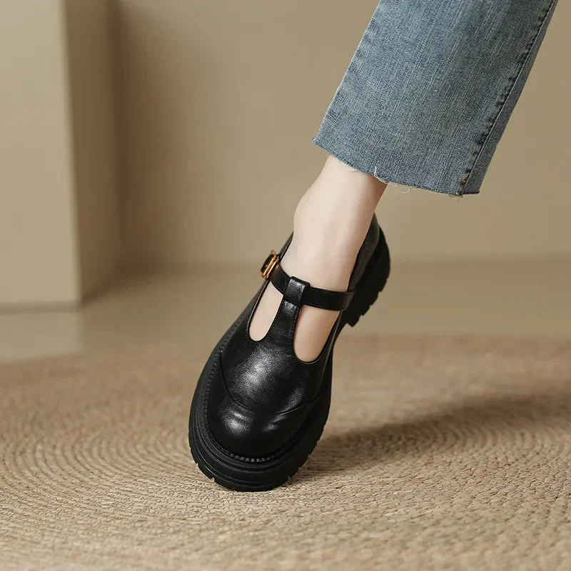 2025 nuevos zapatos Mary Jane con plataforma para mujer, mocasines de cuero cómodos de estilo Retro británico con cabeza redonda y parte inferior gruesa y tacón plano
