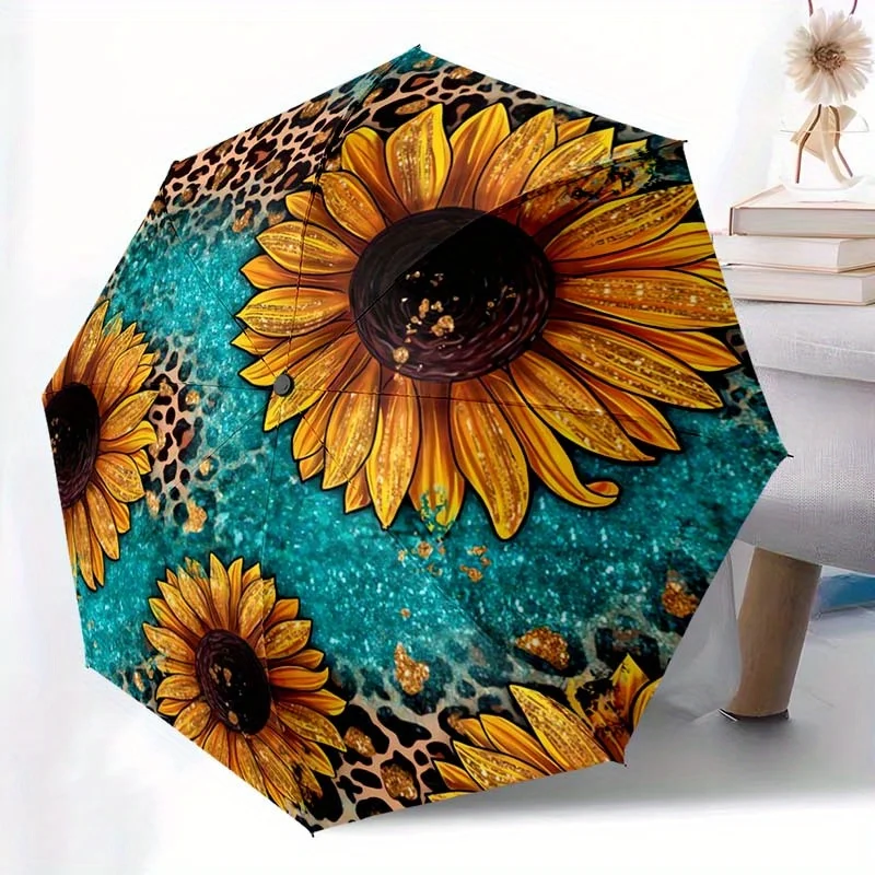 

Автоматический складной зонт с леопардовым и подсолнуховым узором, 1 шт. – портативный, складной, 8-спицевая конструкция, яркие желто-черные подсолнухи
