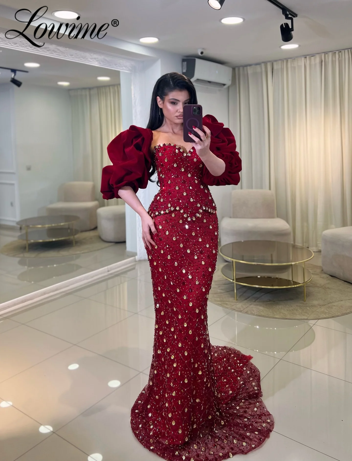 2026 فستان سهرة عنابي كامل كريستال فساتين لحضور الحفلات الموسيقية الطويلة مخصصة نصف كم حورية البحر رداء حفلات عربي رداء السهرة #2