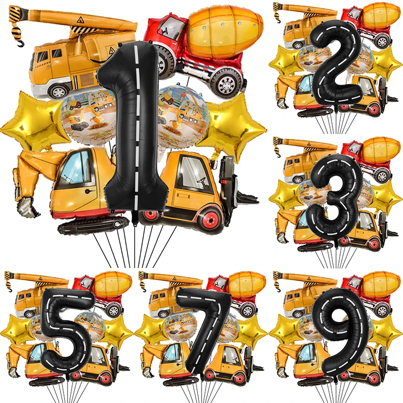 9 pz/1Set veicolo da costruzione pellicola di alluminio palloncino escavatore gru 1-9 palloncini digitali ragazzi festa di compleanno Decor