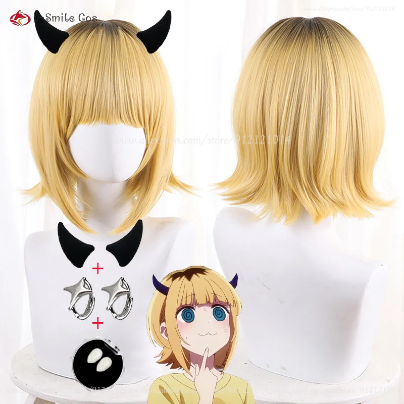 Anime Memu Cho Cosplay Peruca, Gradiente Preto Curto, Golden Mem Cho, Cabelo Resistente ao Calor, Perucas MEM Mulheres, Boné, 30cm