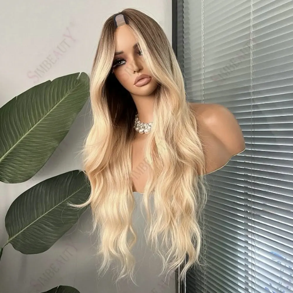 Lange 28-Zoll-Wellenperücke, kleberlos, dunkle Wurzeln, Ombre 613 # Blondes 100% Remy Echthaar 1x4 Größe U/V Teilperücken für Frauen Einfaches Tragen mit Clips – Detail 2