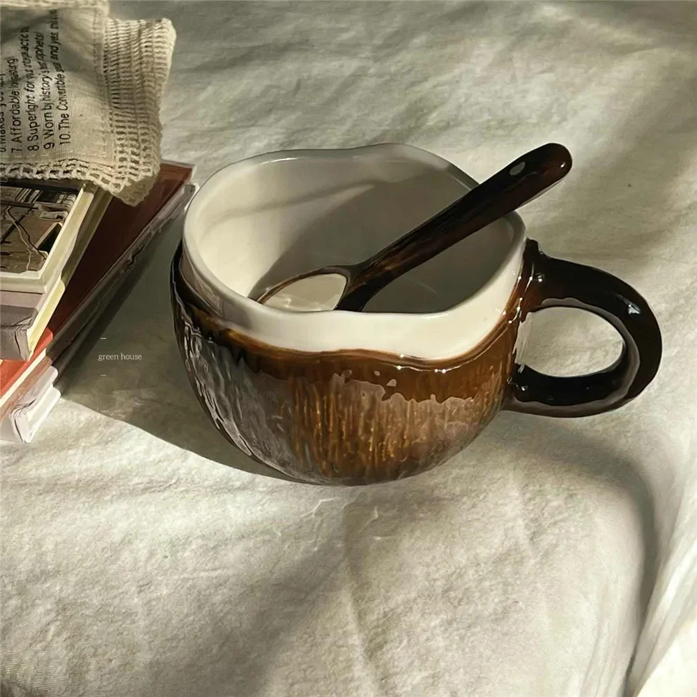 Office Creative Coconut Shell Shape Ceramic Coffee Mug Cups with Spoon for Tea Milk Coffee Drink Gift Home Accessories