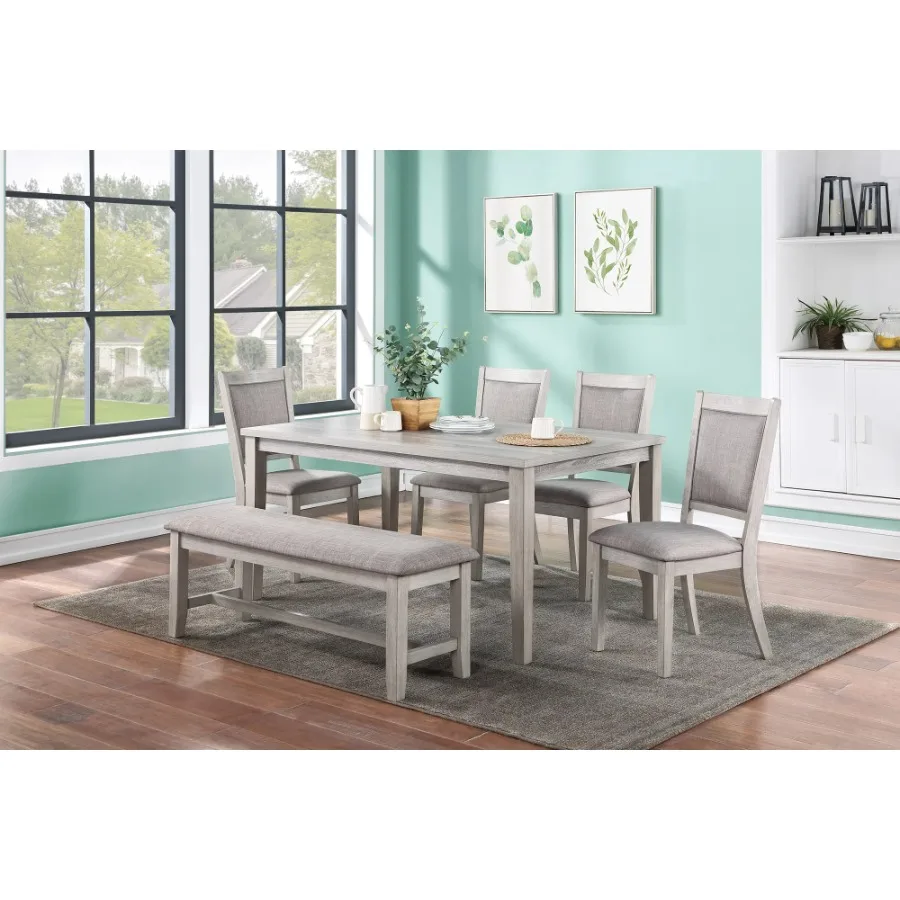 Contemporary Dining 6pc Set Table 4x Side Chairs Bench Natural Finish Padded Cushion Seats Rectangular Dining Table Dining Room