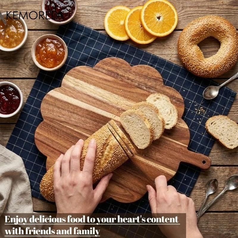 1PCS Scalloped Acacia Wood Cutting Board Wooden Butcher Block for Bread Meat Fruit Cheese Multi-Purpose Kitchen Chopping Board