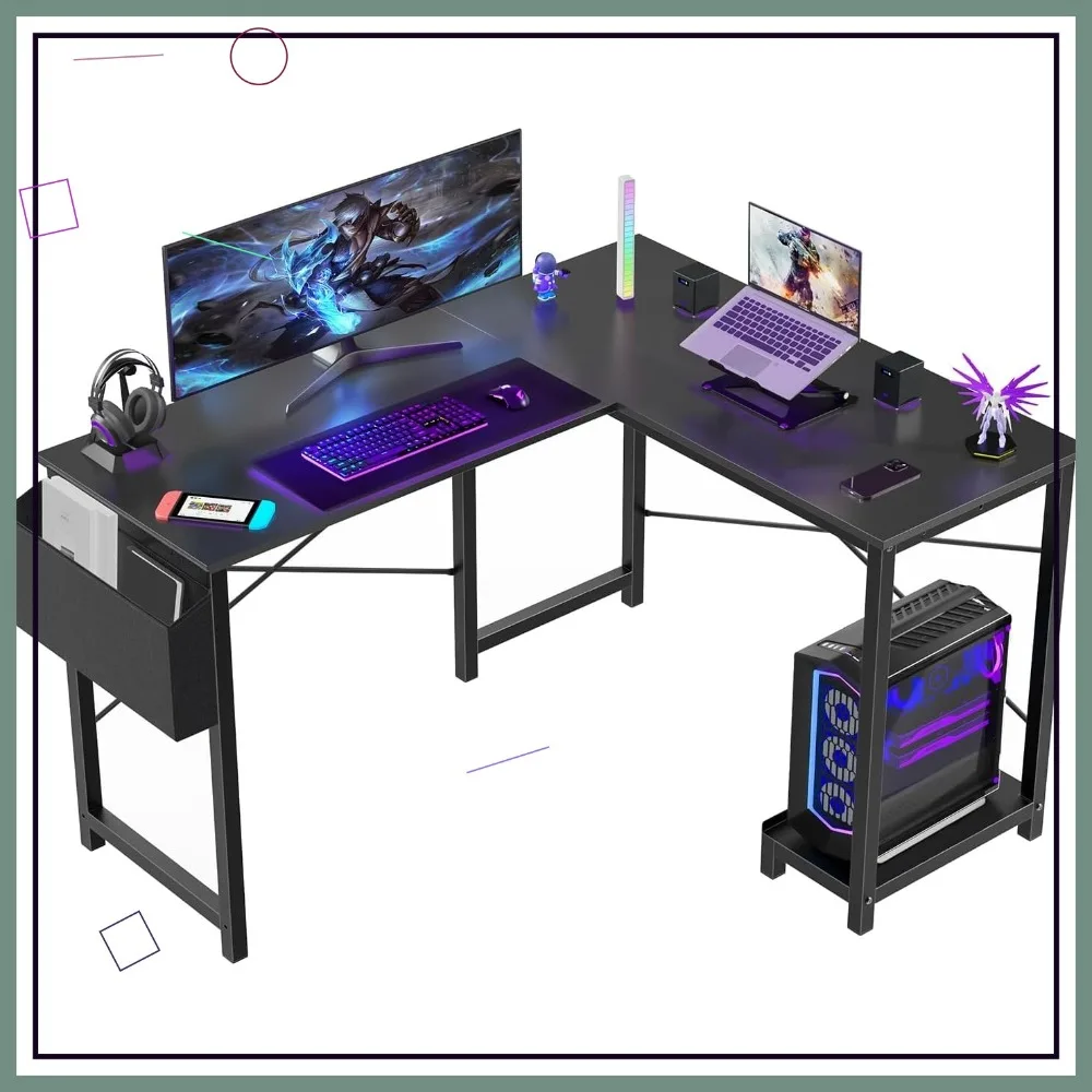 

Угловой L-образный компьютерный стол с подставкой для системного блока и боковым карманом, черный, 50 дюймов, для дома, офиса, общежития