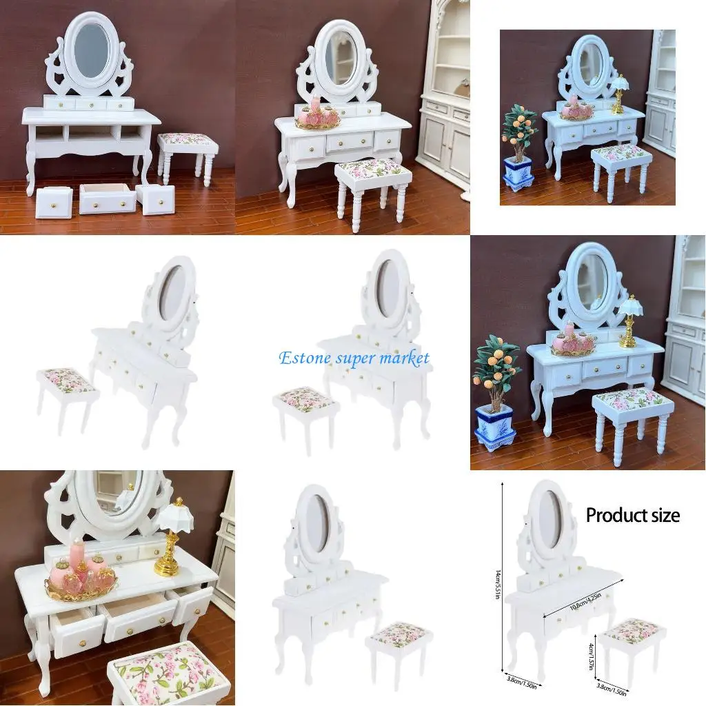 

090B Traditional 1/12 Scale Mini Wooden Room Set Furniture Dresser Stool Realistic Craftsmanship