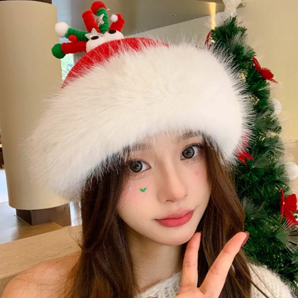 Fashion Soft Christmas Plush Cap Antlers Windproof Big Pullover Hat Big Eyes Plush Red Knitted Woolen Hat Women