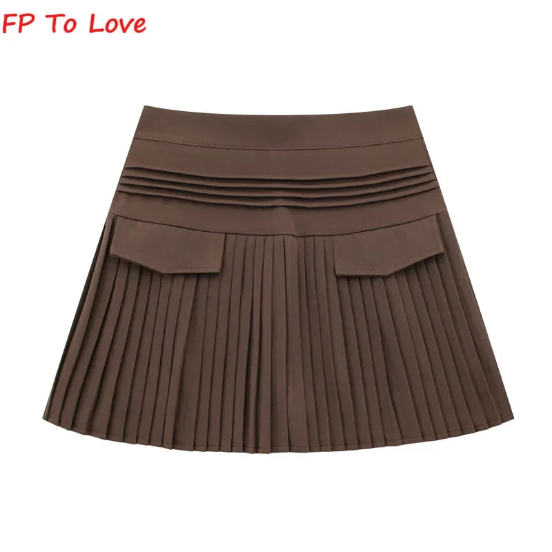 Brown Pleated Pocket Mini Skirts Sexy Woman Shorts Culotte Street Campus Outfit White Grey Black Bottom