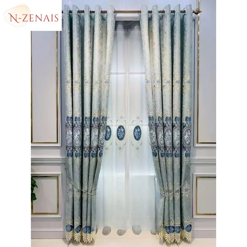 Dining Window Blackout Tulle Valance Chenille Blue European Style Hollow Embroidery Luxury Curtains For Living Room Bedroom