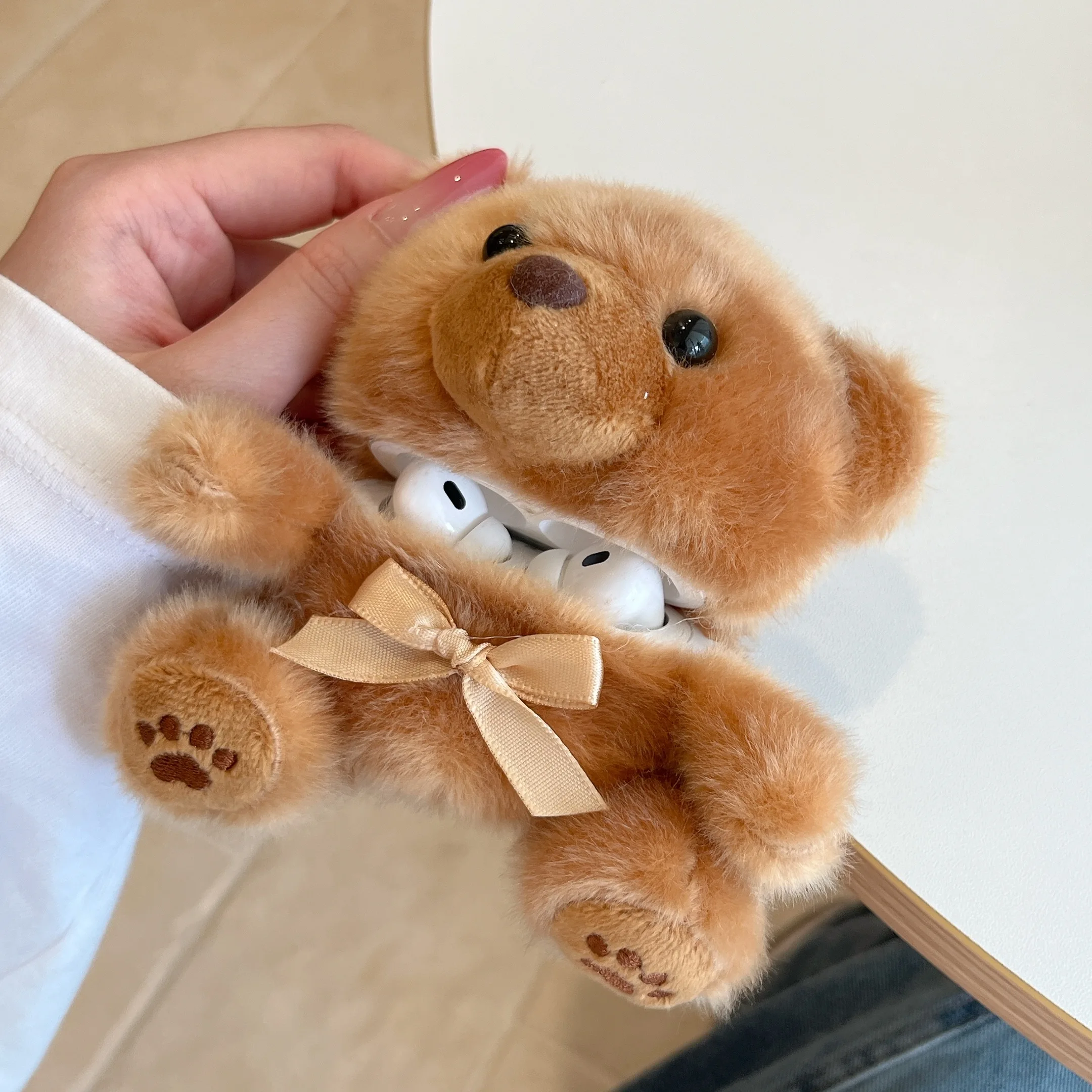 Cute 3D Bear Bowtie Plush Case for AirPods 1/2/3/4 Pro2 Pro3 - Soft Protective Cover Shell for Earphones