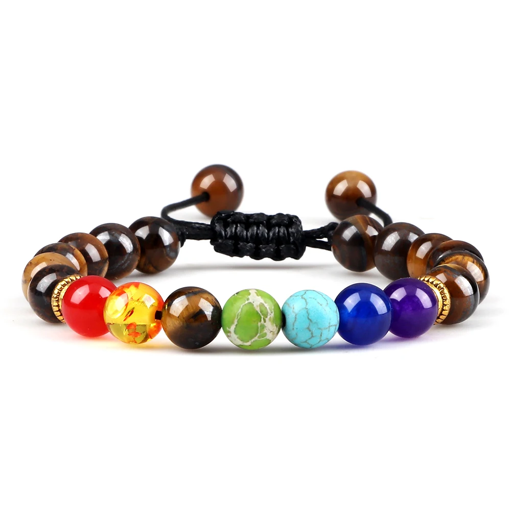 Fashion Men Bracelets Natural Stone Black Lava Tiger Eye Weathered Stone 7 Chakra Bracelets & Bangles Women Yoga Prayer Jewelry