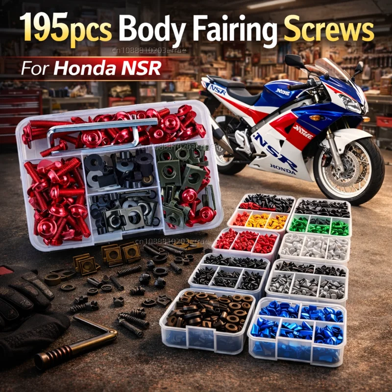 195-teiliges Motorrad-Verkleidungsschrauben-Set mit Muttern für Honda NSR125 NSR 125 250 1988 1994 1993 1992 1991 1990 1989 aus Aluminium