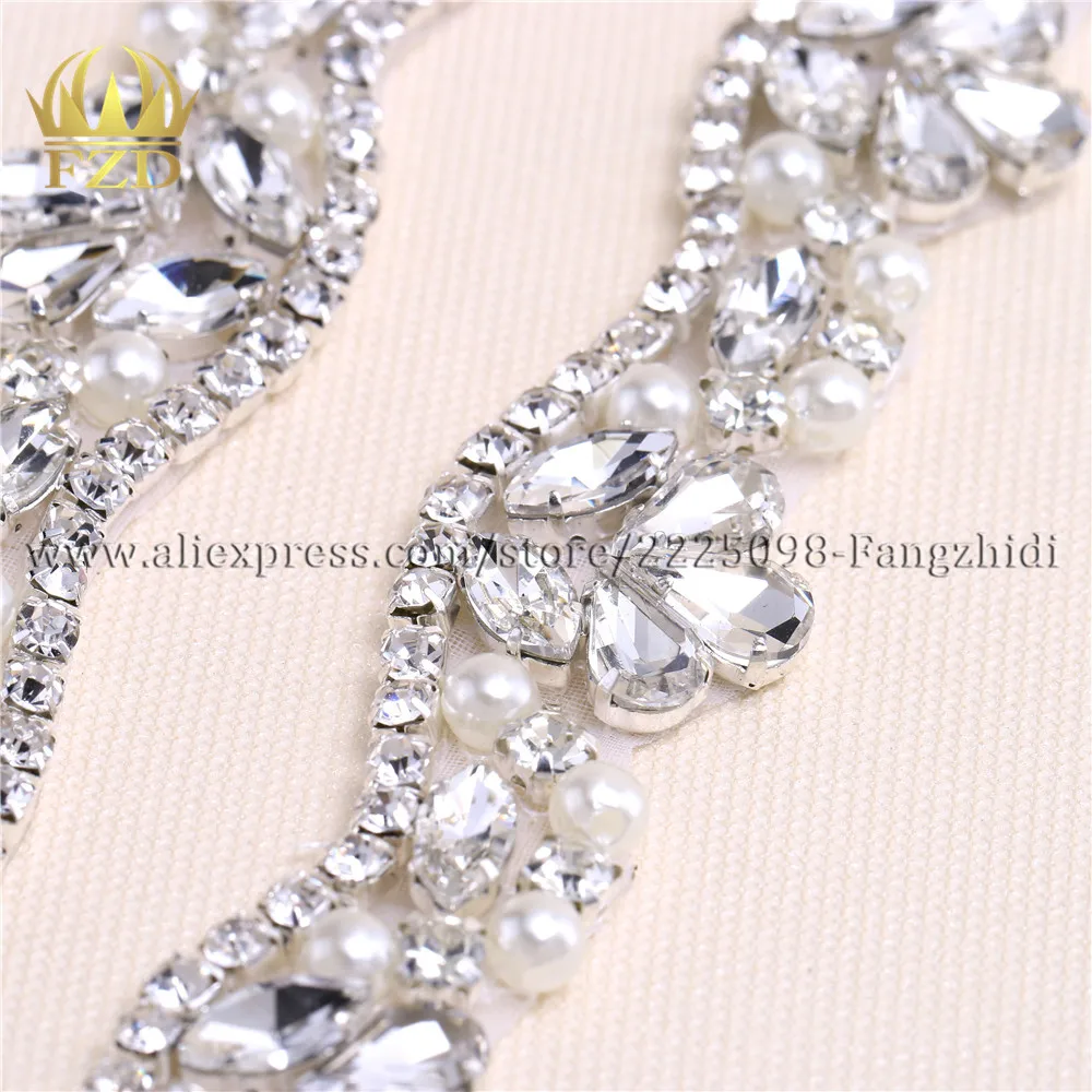 FANGZHIDI 1 Yard Rose Gold Sewing on Rhinestone Trim Crystal Beaded Applique for Wedding Dresses Belts FA-1071