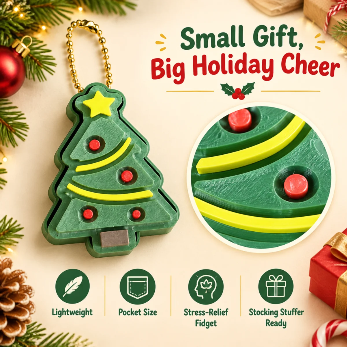 1Pc Christmas Tree Clicker Keychain,Eco PLA 3D Printed,Dark Green With Yellow Star,Festive Stress Relief Fidget Toy Pendant