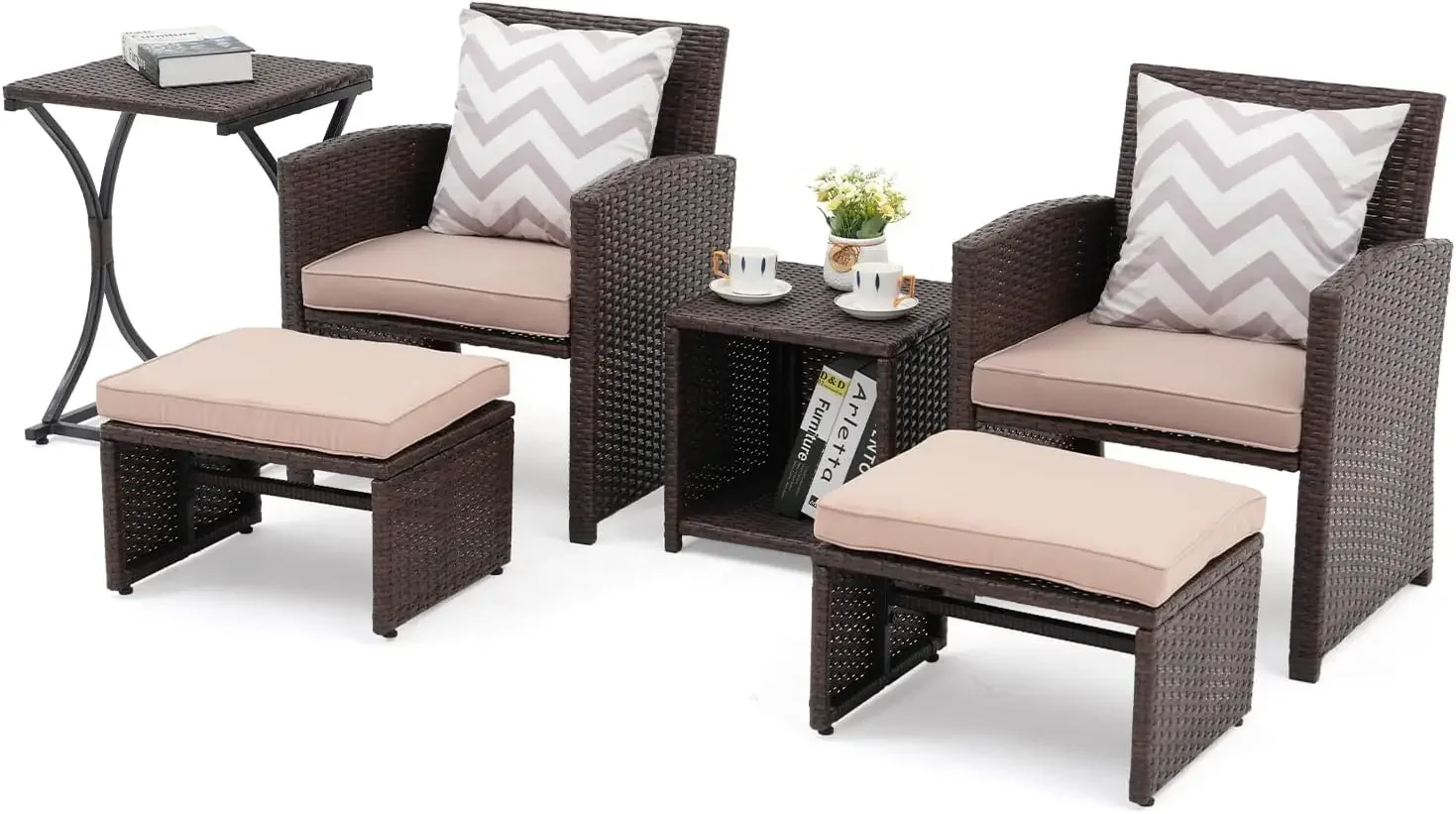 

6 Piece Patio Wicker Furniture Set, Balcony All Weather Rattan Chair, with Space Saving Ottoman, Resin Nesting Coffee Table,