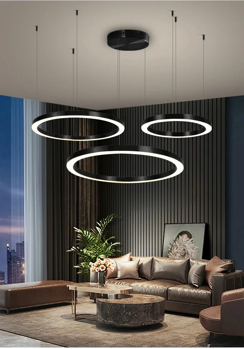 

Black LED Chandelier For Living room Ring Design Hang LED Lamp Modern Home Decor Bedroom Light Fixture Luxury Indoor Lighting