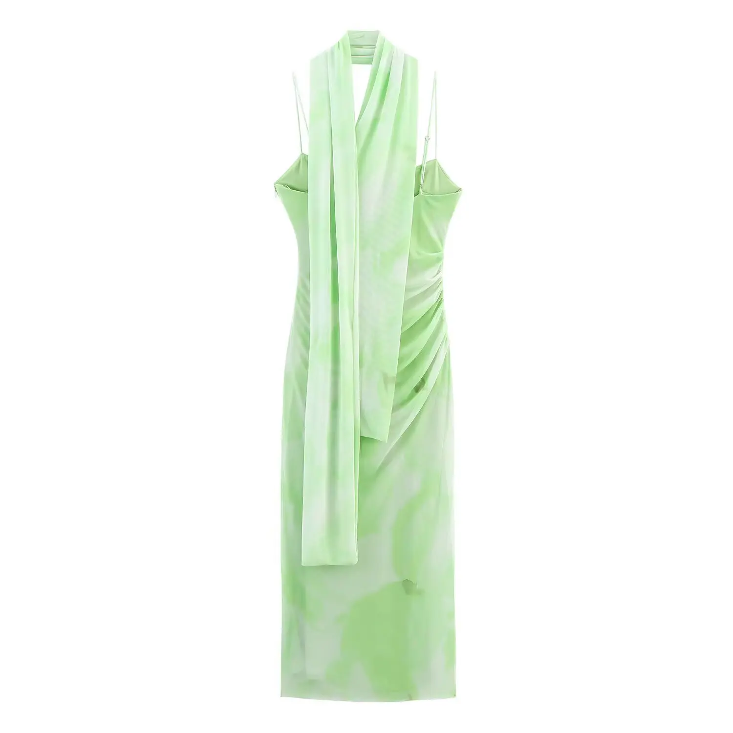 KONDALA-Donna Verde Stampa Sciarpa Maglia Abito longuette Cami Abito lungo 2025 Nuova primavera estate autunno Moda Vacanza Beach Party Dress