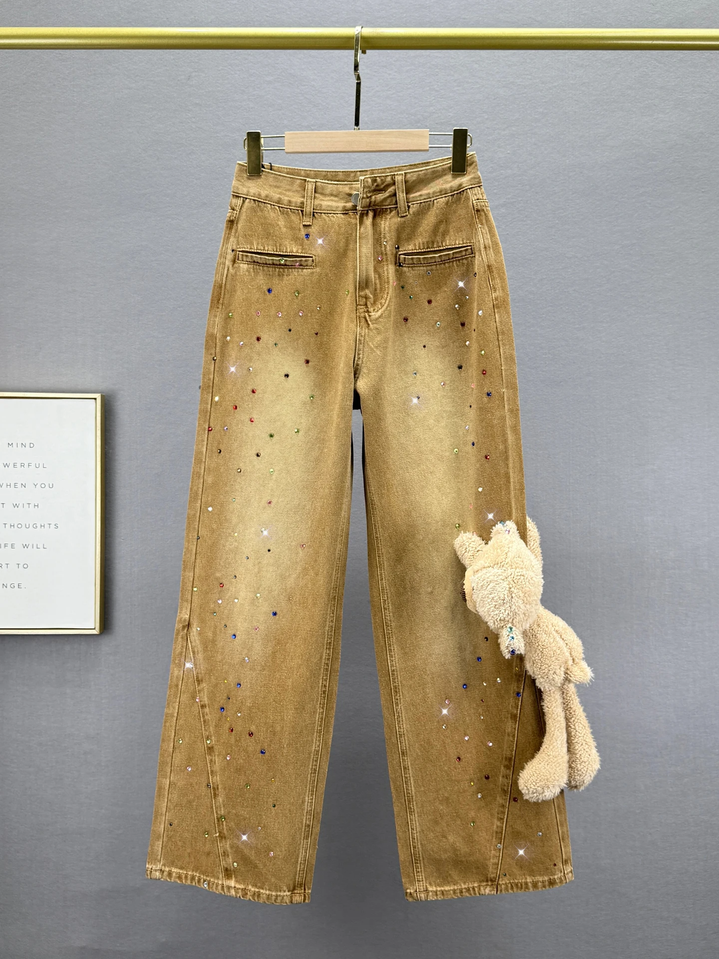 

Heavy Du Rhinestone Denim High Waist Extended Straight Leg Loose Slimming Women's Jeans Trendy 2025 Autumn New Arrival