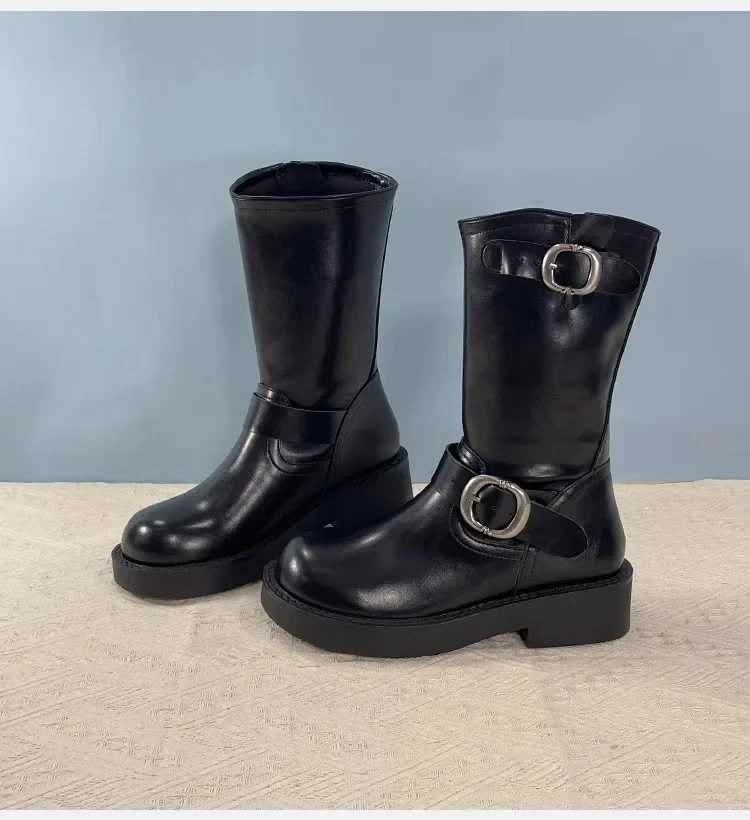 

Retro Metal Buckle Round-Toe Short Boots Black Super Soft Thick-Heeled Motorcycle Botines Slip-On Mid-Calf Botas Femininas