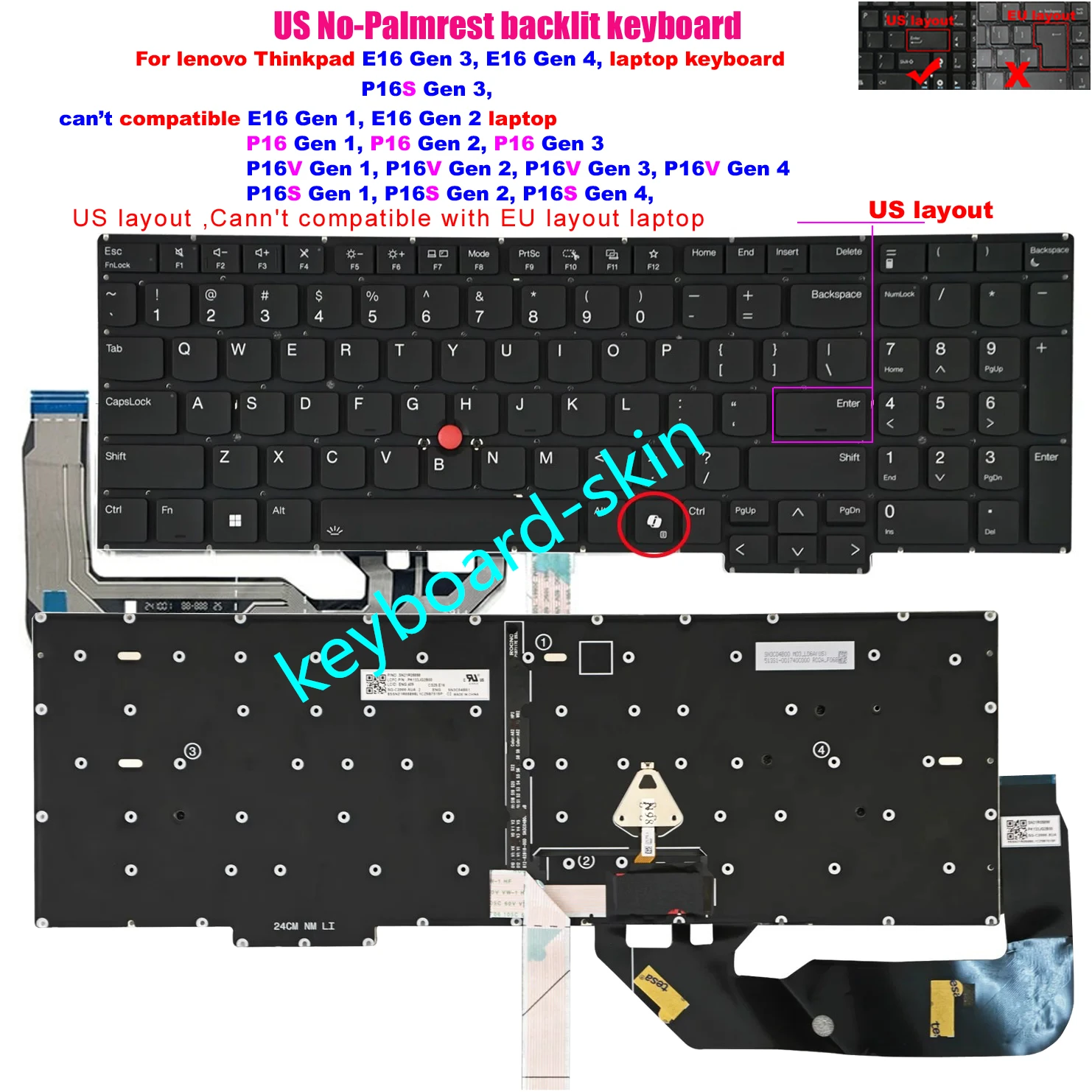 New US backlit Keyboard For Lenovo Thinkpad E16 Gen3 / E16 Gen 4,P16S Gen 3 21SR 21ST 21KS 21KT series laptop