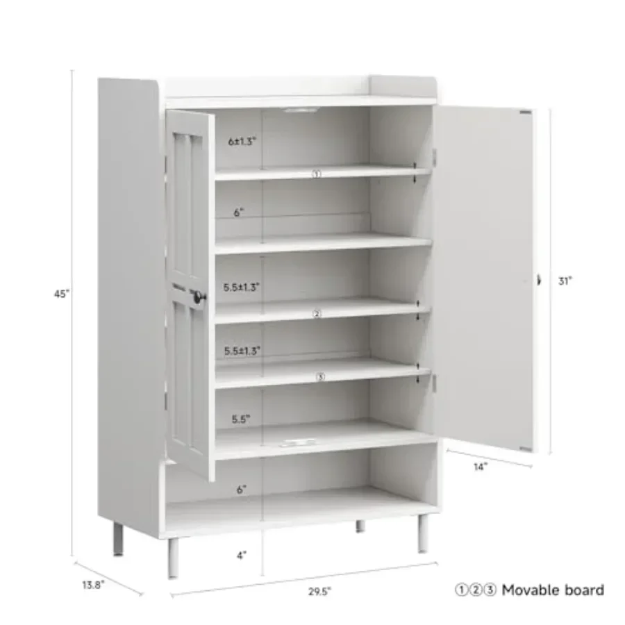 Shoe Cabinet with Cross Molding Doors, 6-Tier Shoe Storage for Entryway, MDF Wood, White, Space-Saving Stylish Design