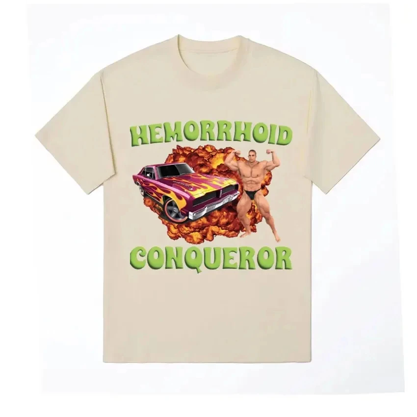 Funny Hemorrhoid Conqueror Meme T Shirt Men Harajuku Retro Short Sleeve T-shirt Men's Casual Loose Oversized T Shirts Streetwea