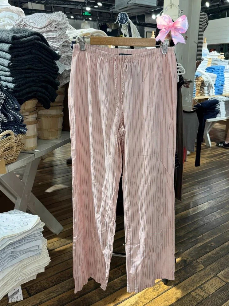 

Pink Striped Drawstring Sweatpants Women Autumn Low Waist Straight Trousers Female Sweet Preppy Style Cotton Long Pant New