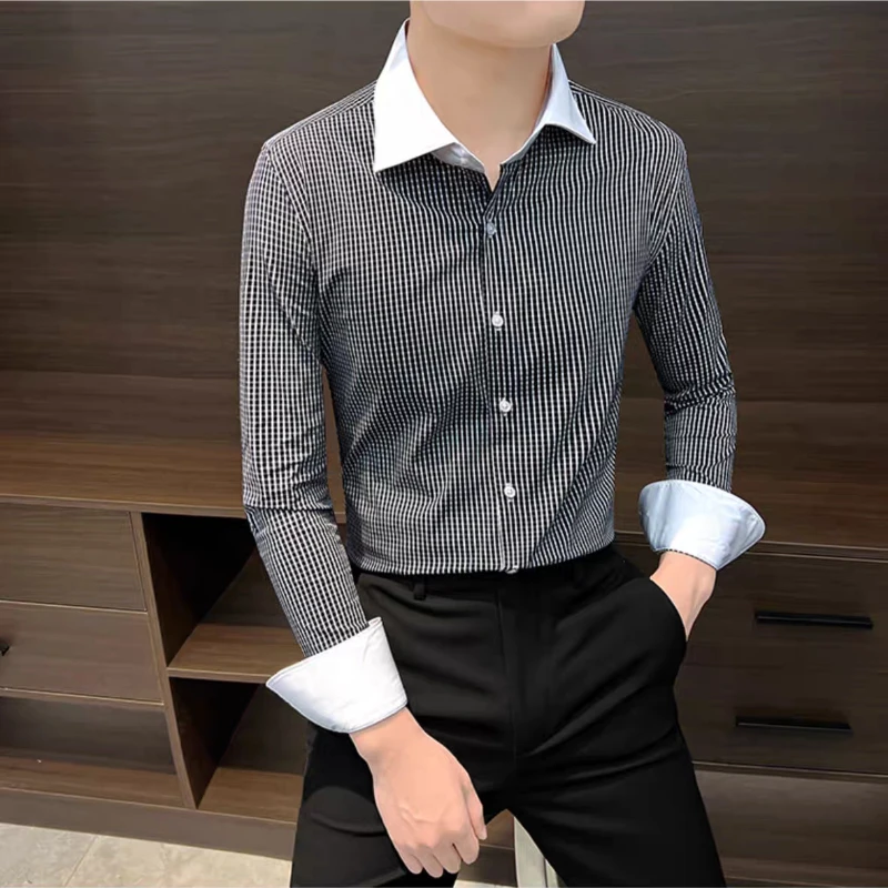 

Men's 2026 New Long Sleeve Plaid Shirt Korean Style Slim Fit Wrinkle Resistant Trendy Casual Versatile Top for Spring Autumn