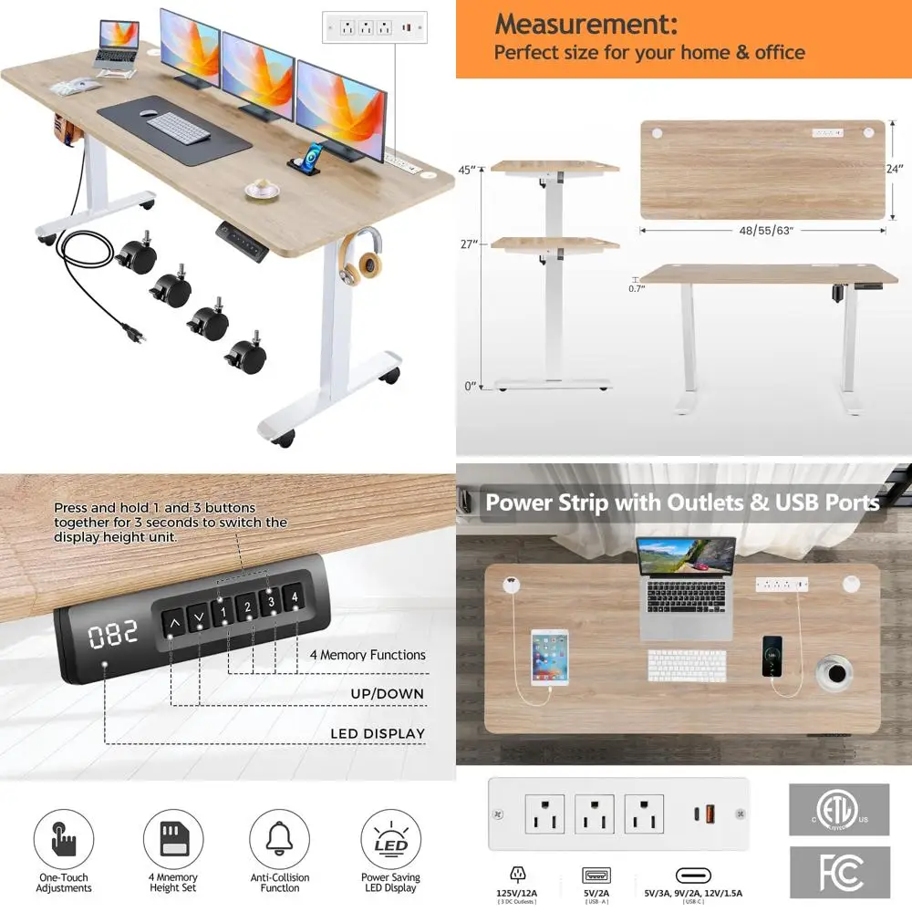 مكتب قائم كهربائي بارتفاع قابل للتعديل 63 × 24 مع عجلات، محطة شحن، 2 منفذ USB، 3 منافذ