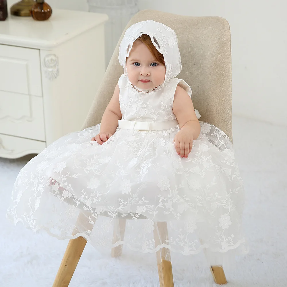 0-24M Baby Sleeveless Floral Long Christening Gown  Bonnet Baptism Dress Infant 1st Birthday Baby Shower Wedding Formal Outfit