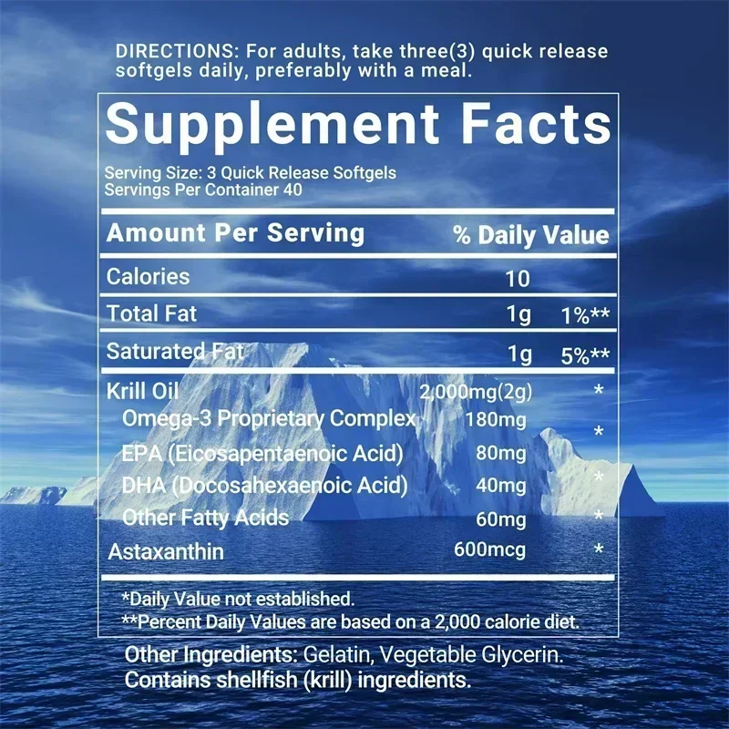 Antarctic Krill Oil Capsules - Rich in Omega-3 EPA, DHA, Beneficial for Joint and Brain Health and Has Antioxidant Effects