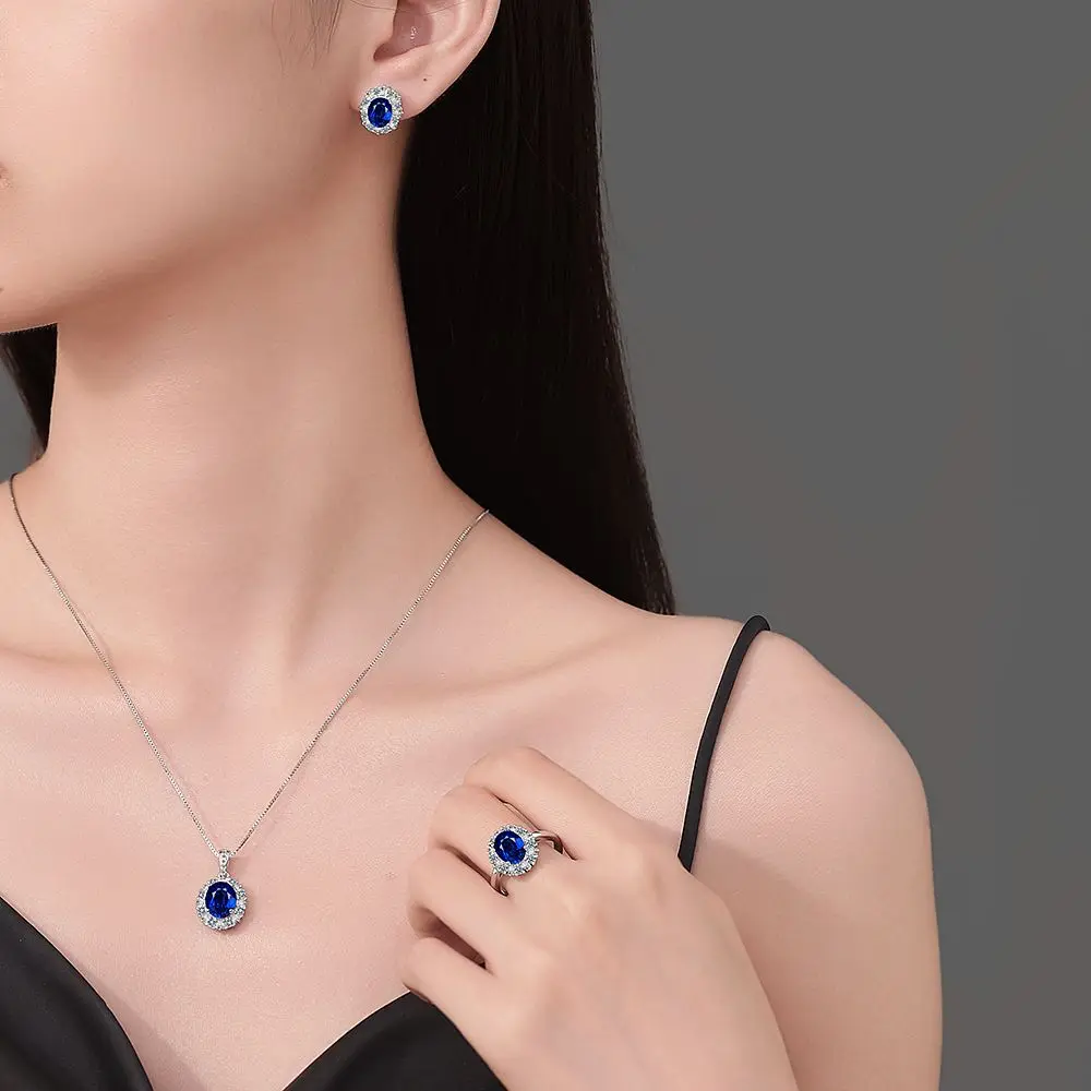 Oval Cut Created Blue Sapphire 925 Sterling Silver Princess Diana Pendant Necklace High Carbon Diamond Gemstone Jewelry Choker