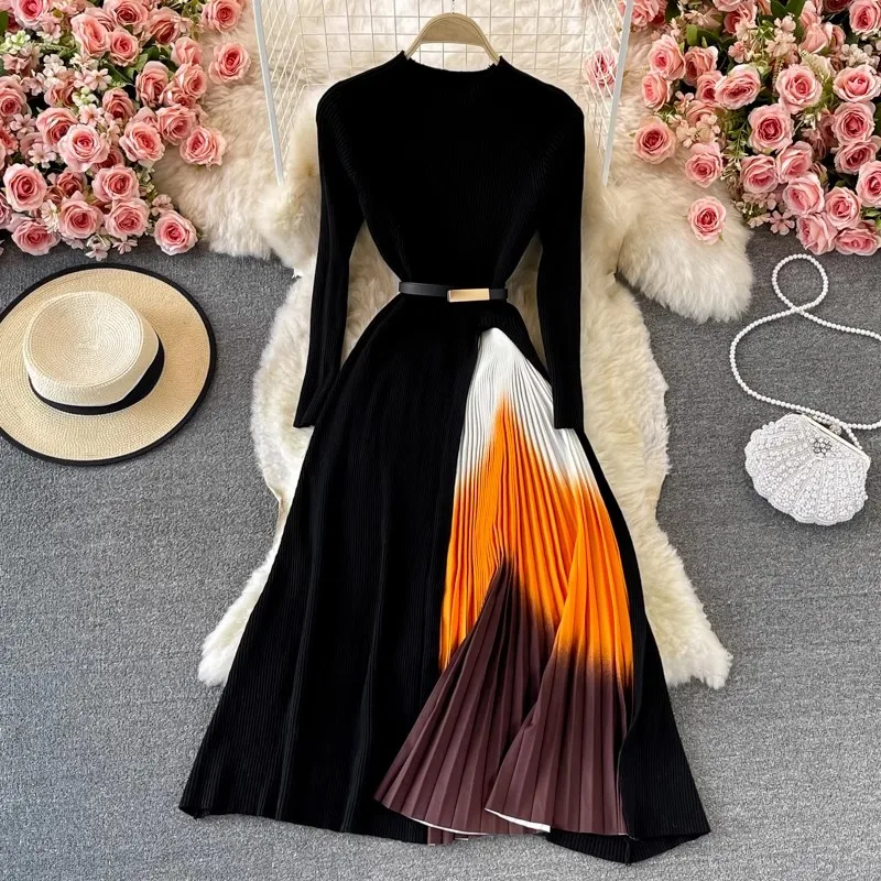 Fashion Knitted Pleated Dress Women Spring Winter Long Sleeve Gradient Patchwork Long Dress Party Dress Vestidos