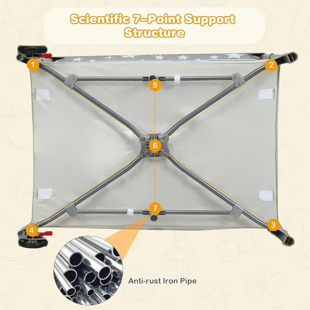 5-in-1 draagbare speeltuin met wieg, commode, opbergruimte, speelgoedboog en muziekdoos (beige)