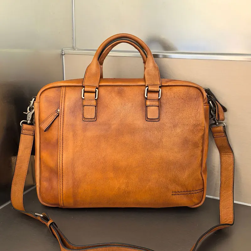 Valigetta da uomo in pelle di vacchetta di alta qualità Borsa da uomo retrò Borsa a tracolla per laptop maschile Tote Valigetta da uomo in pelle naturale