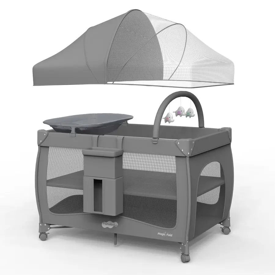 Babe Pack and Play 1Second Setup 4in1 سرير محمول للطفل مع سرير، ناموسية، قوس لعبة تغيير الطاولة