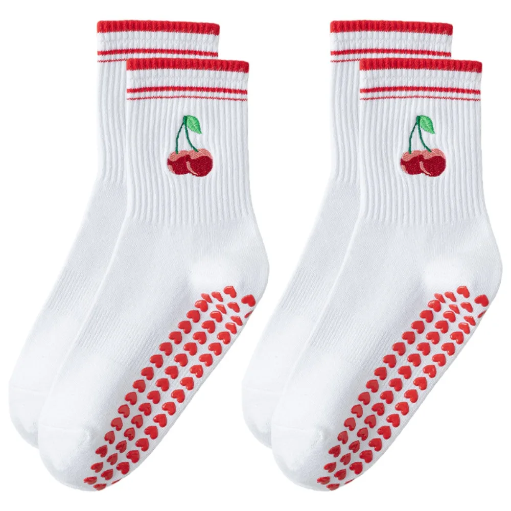

2pairs Heart Silicone Sock Sole Women Yoga Socks Embroidery Breathable Pilates Socks Cherry Pattern Sweet Non-Slip Socks