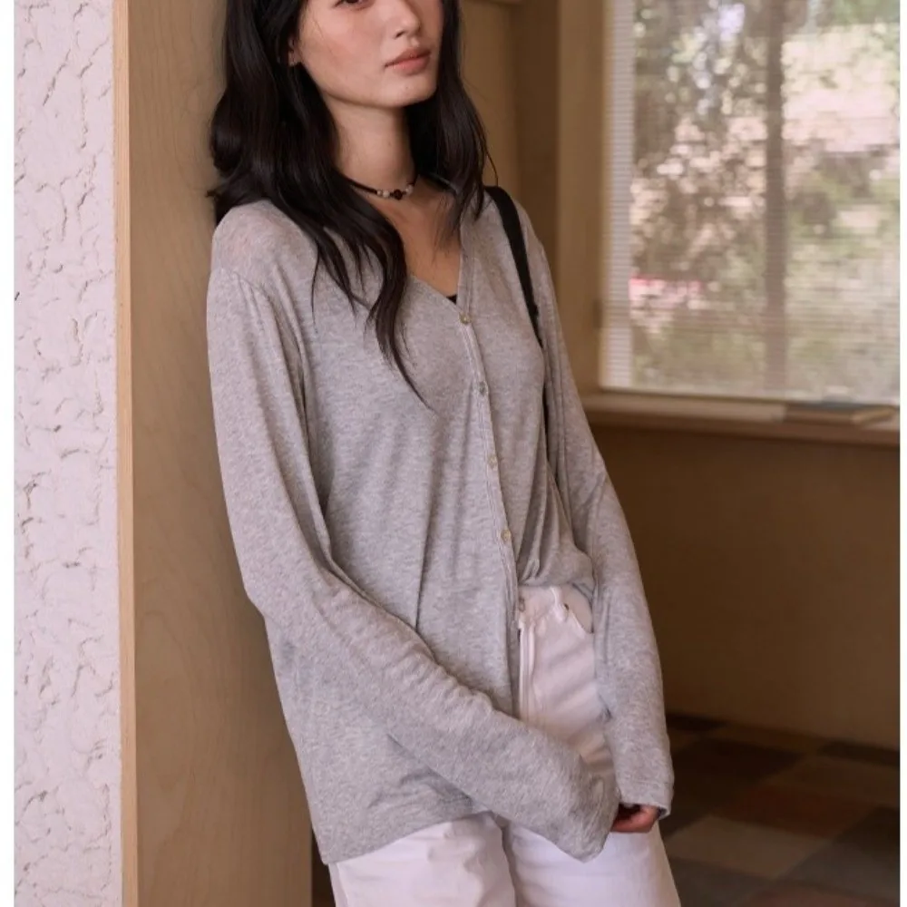 

Basic Shirt Lyocell Women's Cardigan V Neck Round Neck Long Sleeve Top Basic Shirt Slim Knitwear Sunscreen Clothing Office