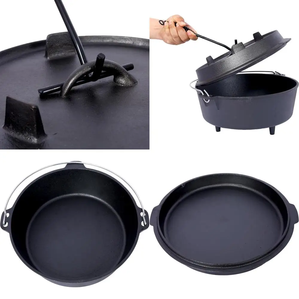 

8-Quart Cast Iron Dutch Oven with Skillet Lid, Outdoor Camping Deep Pot for Fireplace Cooking, BBQ, Baking, Campfire