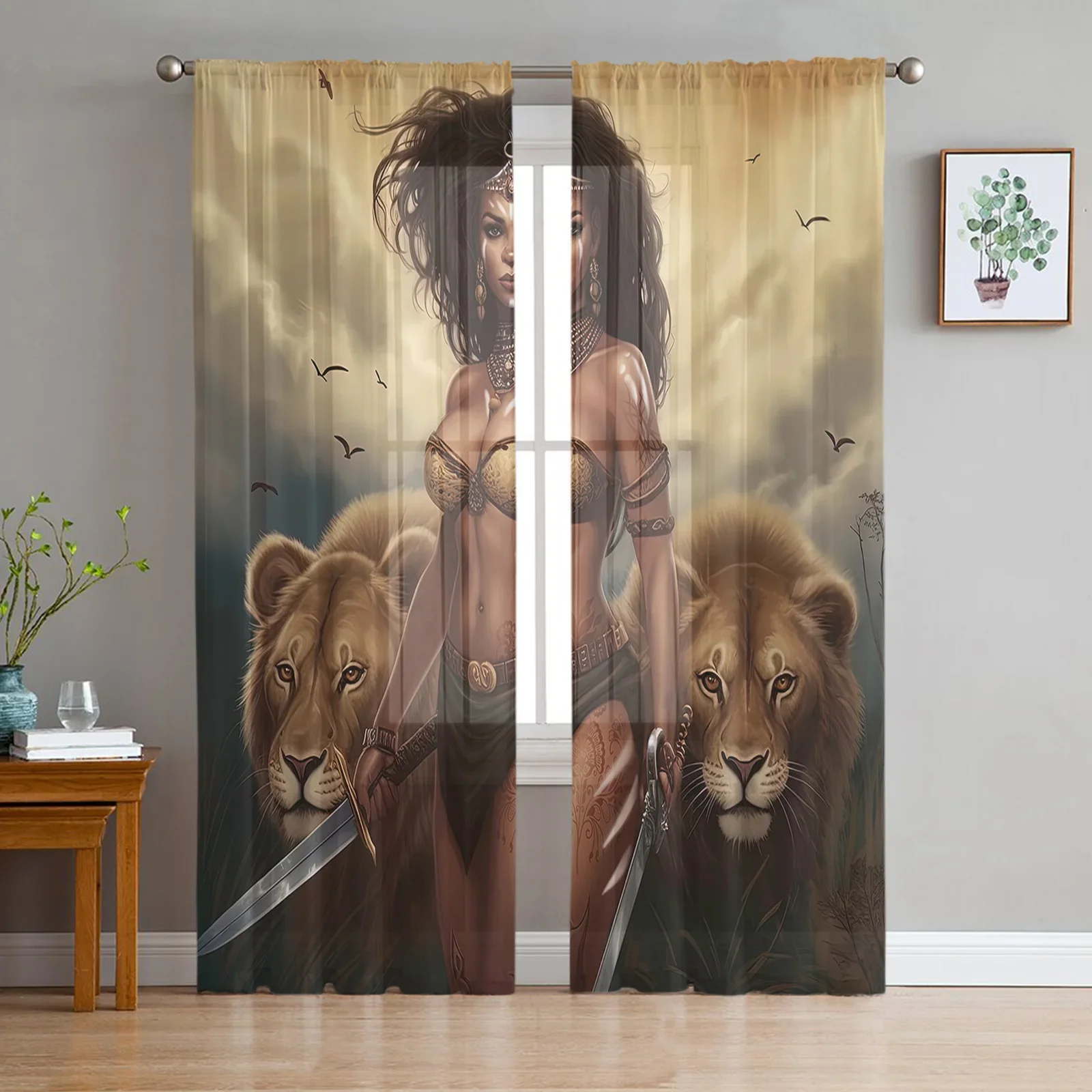 African Savanna Woman Lion Tulle Curtains For Living Room Kitchen Decoration Chiffon Window Treatments Voile Sheer Curtain