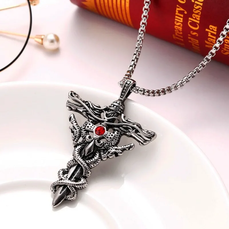 Cross-shaped Double Dragon Pendant Necklace Gemstones Unique Accessory Retro Hip-hop Fashion Student Jewelry for Man 2026 Gothic