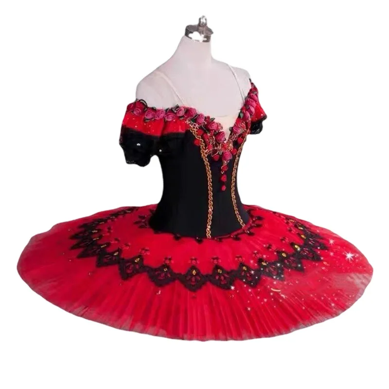 

Elegant Ballet Performance Dress Red Black Lace Tutu Swan Princess Stage Costume