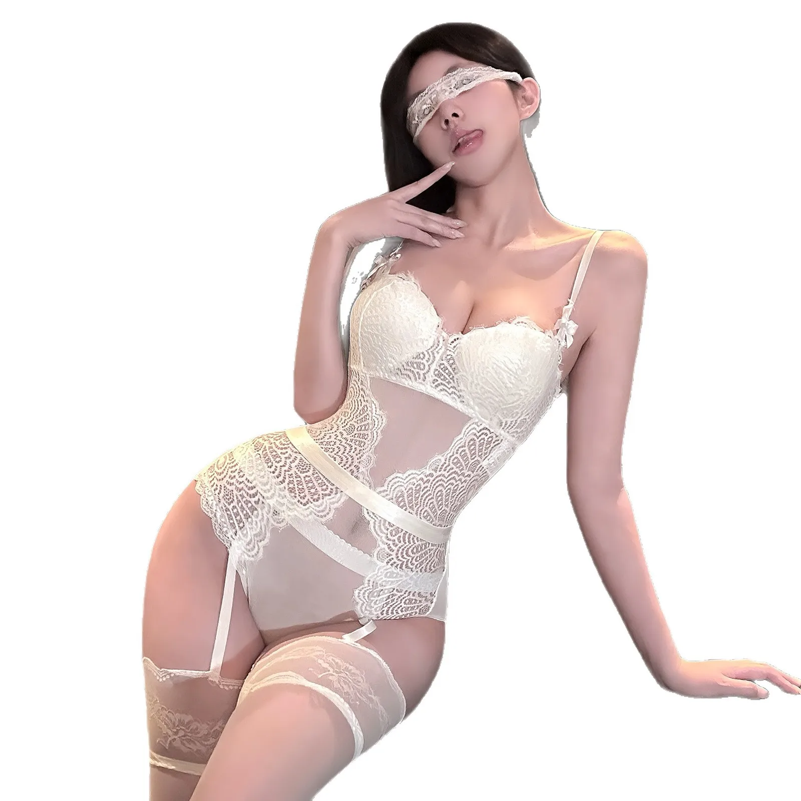 Sexy With Lace Trim Bodysuits Charming Built-in Chest Pads Hollow-out Design Pure Desire Style Transparent Mesh Bodysuits VBYR