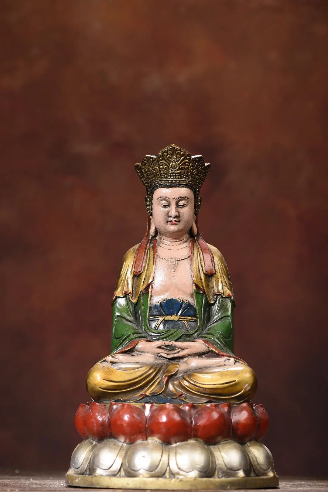 

12"Tibetan Temple Collection Old Bronze Painted Amitabha Guanyin Bodhisattva Buddha Lotus Platform Worship Hall Town house