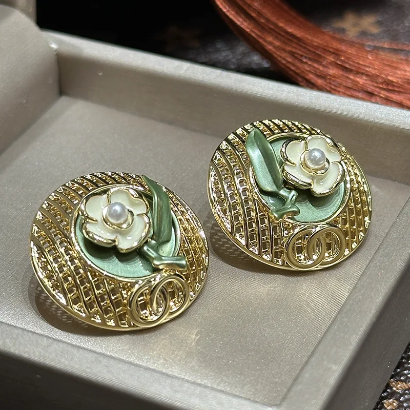 

Women Vintage Monet Garden Alloy Drip Oil Green Flower Stud Earrings