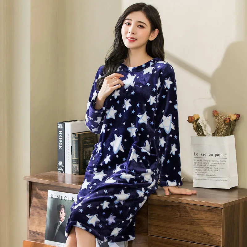 Flannel Nightgown for Women Winter Thick Warm Long Sleeve Lounge Wear Midi Simple Pockets Vintage Chic Nightdress Casual Ladies