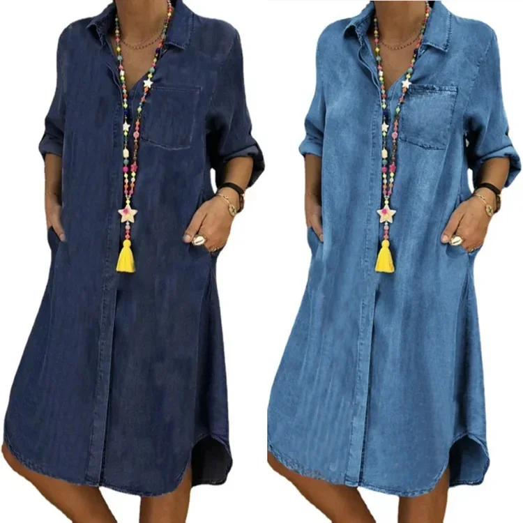 Camicia lunga Abito in denim Donna Manica lunga Resses Tempo libero Colletto rovesciato Tasca Solido Lungo Donna Donna Mini Abiti Largos